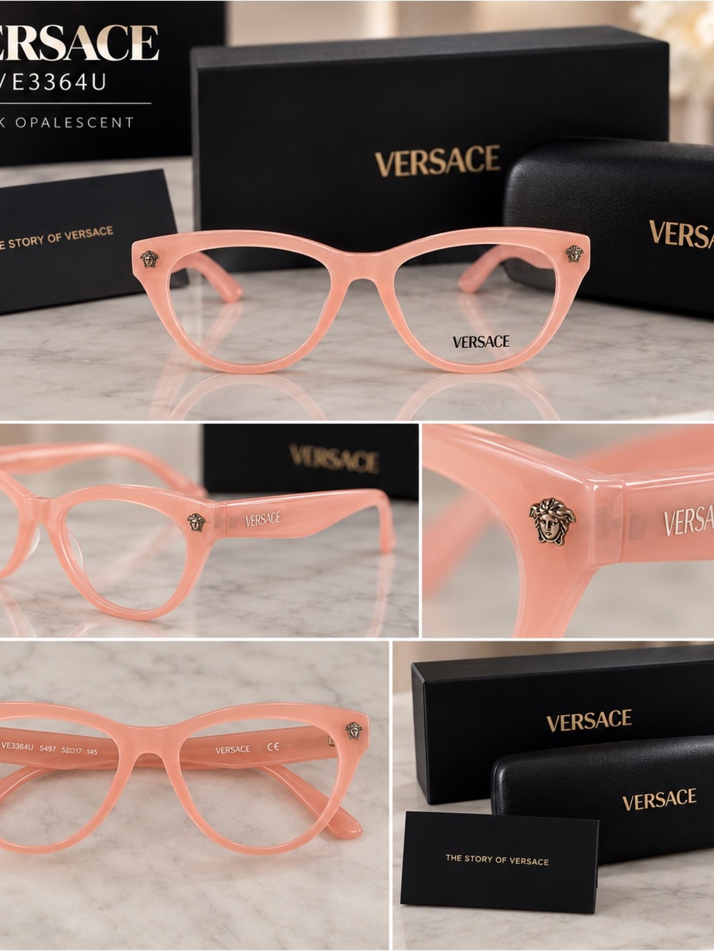 Versace Peach Pink Cat-Eye Optical Glasses with Gold Medusa Accents